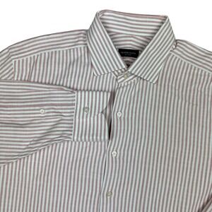 Proper Cloth Mens Orange Bengal Stripe Pique Cotton Button Down Shirt 17 33 L XL